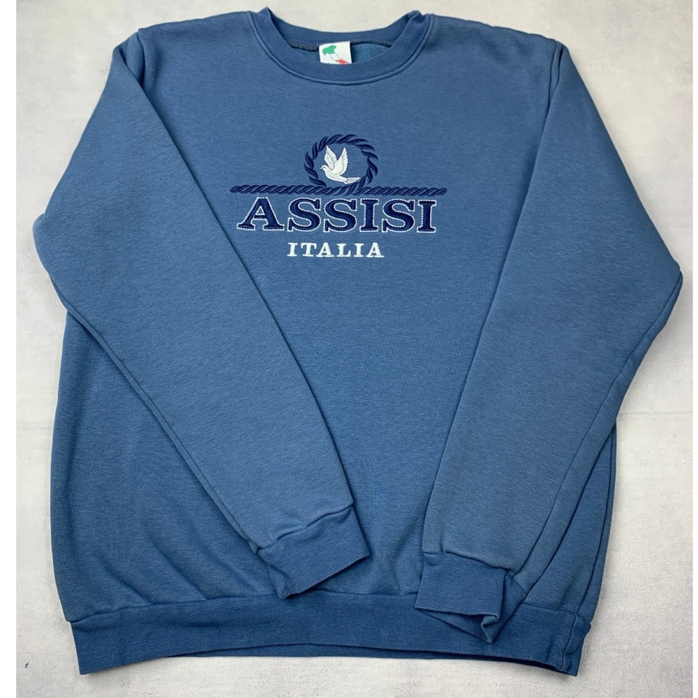 Assisi Italia Souvenir Sweatshirt Mens Medium Blue Embroidered Made in Italy Vtg